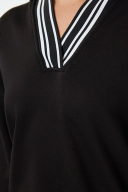 Siyah Overize Kal?p Kal?n Ici Polarl? Kapusonlu Triko Bant Detayl? Orme Sweatshirt TWOAW25SW00144 - Trendyolmilla фото 4