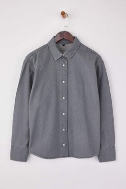 Gri Oversize Basic 100% Pamuk Denim Gomlek TWOSS26GO00005