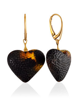 Серьги-сердечки из натурального янтаря с необычной кусаной текстурой