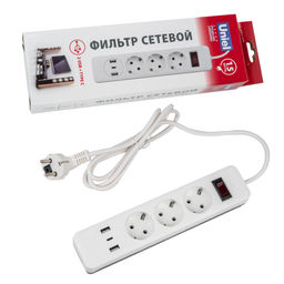S-GSR3-1,5 U2C1 WHITE/GREY Сетевой фильтр серии Standard, шнур 1,5м (Пвс 3х0,75), 3 гнезда, с/з, 2USB+1TYPE C, 10A, 2500Вт. Белый/серый. TM Uniel