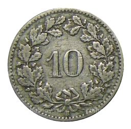 Монета 10 раппенов 1908 года Швейцария