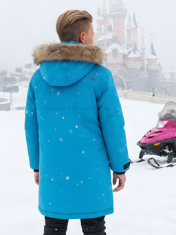 Парка зимняя подростковая для мальчика с капюшоном и мехом голубого цвета 9537Gl - Valianly фото 2