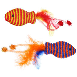 Цена за 6 шт. Игрушка - рыбка для кошек "ИГРУЛИК", с перышками, цвет синий и желтый, 18,5*4,5см