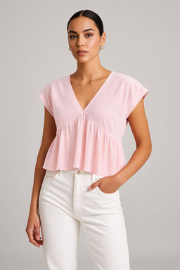 Pembe V Yaka Dokumlu Dokuma Yumusak Tuseli Bluz TWOSS25BZ00582