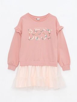 Bisiklet Yaka Bask?l? Uzun Kollu K?z ?ocuk Elbise