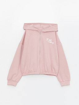 Kap??onlu Bask?l? Uzun Kollu K?z ?ocuk Fermuarl? Sweatshirt