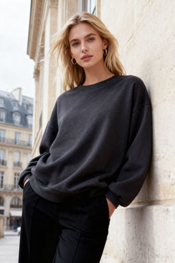 Antrasit Oversize/Rahat Kesim Basic Bisiklet Yaka Kal?n/Ici polarl? Orme Sweatshirt TWOAW24SW00102