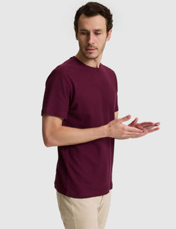 Bordo Slim Fit Saf Pamuk _nce Fitilli Bisiklet Yaka T-shirt