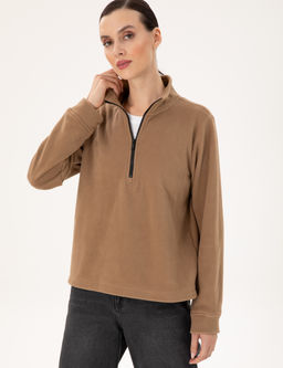 Camel Comfort Fit Fermuarl_ Polar Sweatshirt