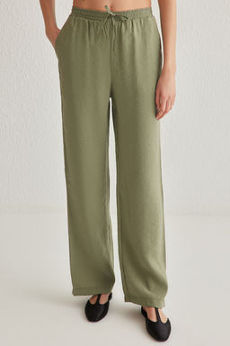 Haki Modal Yumusak Tuseli K?sa Kollu Gomlek Genis Paca Pantolon Dokuma Alt-Ust Tak?m TWOSS25AU00026 - Trendyolmilla фото 5