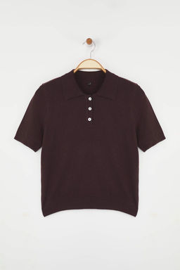 Kahverengi Polo Yaka Premium Iplik / Ozel Iplik Triko Ince Bluz TWOSS25BZ00184
