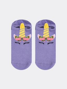 Цена за 5 пар! Носки детские короткие фиолетовые с рисунком единорога и 3-д