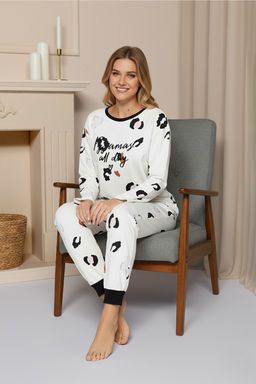 Beyaz %100 Pamuklu Leopar Desenli Sloganl? Tshirt-Jogger Orme Pijama Tak?m? THMAW24PT00211