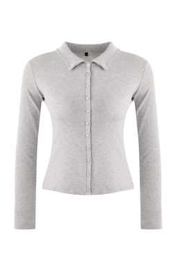 Gri Melanj Fitted/Vucuda Oturan Polo Yaka Dugmeli Pamuk Ribana Orme Bluz TWOSS26BZ00066