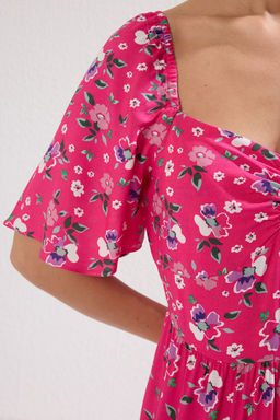 Pembe A Kesim Balon Kollu Cicek Desenli Midi Dokuma Elbise TWOSS20EL2323