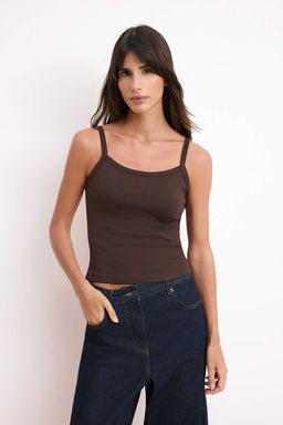 Ekru-Kahverengi Bask?l? Regular Havuz Yaka Ince Ask?l? Kolsuz Interlok Orme Atlet TWOSS26AL00025 - Trendyolmilla фото 6