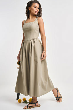 Сарафан джинсовый с корсетными линиями оливковый