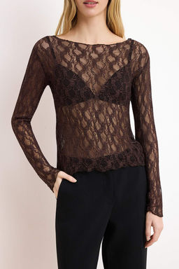 Kahverengi Fitted/Vucuda Oturan Kay?k Yaka Uzun Kollu Dantel Orme Bluz TWOSS26BZ00638 - Trendyolmilla фото 3