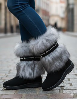 Унты женские на литой подошве. Черные. Мех песец - Roshva фото 14