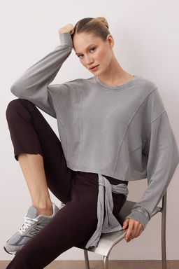 Gri Relaxed/Rahat Kal?p Dikis Detayl? Orme Sweatshirt TWOAW26SW00237