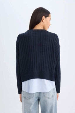 Женский темно-синий свитер в рубчик свободного кроя с круглым вырезом и подола - Defacto фото 6