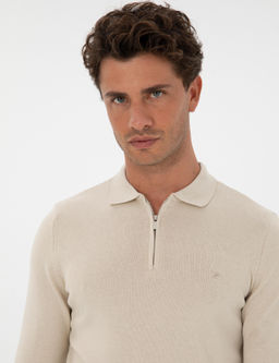 Krem Melanj Slim Fit Polo Yaka Fermuarl_ Basic Triko Kazak - Pierre cardin фото 2