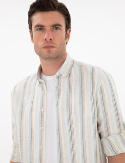 A__k Mavi Slim Fit _izgili Yakas_ D__meli %100 Keten G_mlek