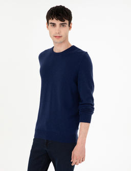 Lacivert Slim Fit Bisiklet Yaka Ka_mir Triko Kazak