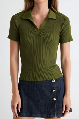 Haki More Sustainable Basic Polo Yaka Triko _nce Bluz TWOSS26BZ00505