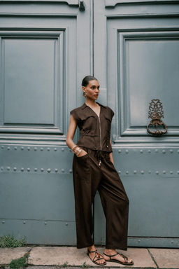 LINEN BLEND TROUSERS WITH BEADED DRAWSTRING