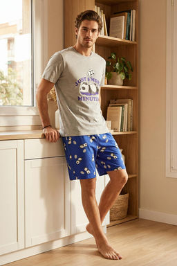 Trendyolmilla Man Gri Slim Fit Fit Panda Bask? Sortlu Orme Pijama Tak?m? TMNSS25PT00063  фото 5