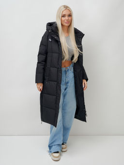 Пальто утепленное стеганное зимнее с капюшоном женское черного цвета 9608Ch - Mtforce фото 15