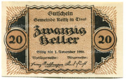 Банкнота 20 геллеров 1920 года Австрия Райт (нотгельд)