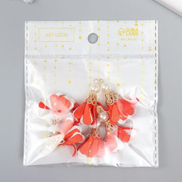 Декор текстиль Цветок 2 с жемчужиной. Красный и белый, набор 6 шт., 3 см