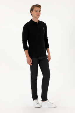 Erkek Regular Fit Polo Yaka Siyah Basic Sweatshirt