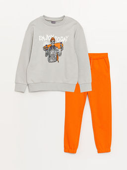 Bisiklet Yaka Bask?l? Uzun Kollu Erkek ?ocuk Sweatshirt ve E?ofman Alt?