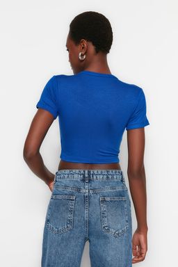 Premium Saks-Ekru Saks Cizgili 2li Paket Viskoz/Yumusak Kumas Crop Esnek Orme Bluz TWOSS23BZ00194