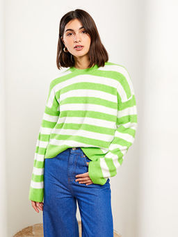 Bisiklet Yaka ?izgili Uzun Kollu Kad?n Triko Kazak