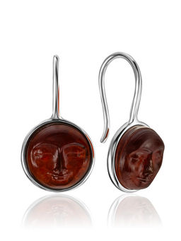 Серьги-крючки Луна с натуральным вишнёвым янтарём