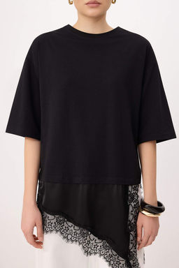 Siyah Oversize/Genis Kal?p Asimetrik Dantel Detayl? %100 Pamuk Orme T-shirt TWOSS26TS00296 - Trendyolmilla фото 3