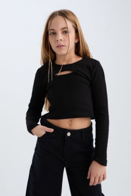 K?z Cocuk Slim Fit Dar Kesim Bisiklet Yaka Fitilli Kaskorse Uzun Kollu Siyah Tisort