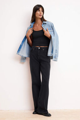 Siyah DOKUMLU Yuksek Bel MEVSIMLIK %100 Pamuk Uzun Boy Wide Leg Jeans TWOSS26JE00127