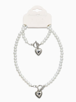 Набор 2 пред-та: бусы.браслет "Жемчуг", сердце, цвет белый в серебре L=18/42см №8