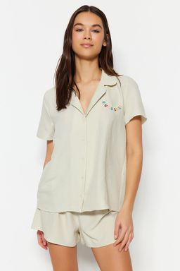 Ac?k Bej Slogan Nak?sl? Sortlu Dokuma Pijama Tak?m? THMSS23PT00232