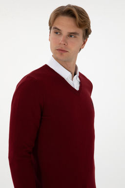 Erkek Slim Fit V Yaka Bordo Basic Kazak