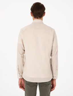 Bej Keten G_r_n_ml_ Slim Fit Uzun Kollu G_mlek
