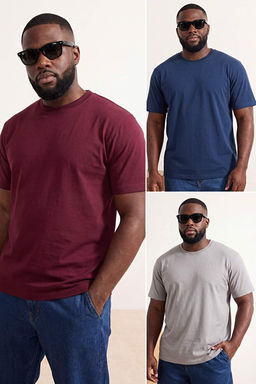 Bordo- Lacivert -Gri Regular/Rahat Kesim 3l_ Paket B_y_k Beden T-Shirt TMNSS24BF00059