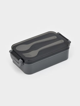 Ланч-бокс, 2 отделения, 2 яруса, с вилкой и ложкой, бутылкой 500мл,20х17х5,5 см, цвет серый   109495