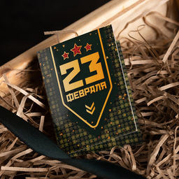 Цена за 2 шт Мини-открытка "23 февраля (золотая надпись на зеленом)"