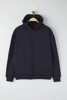 Lacivert Oversize/Genis Kesim Fermuarl? S?cak Tutan Kapusonlu Sweatshirt-H?rka TMNAW24SW00049